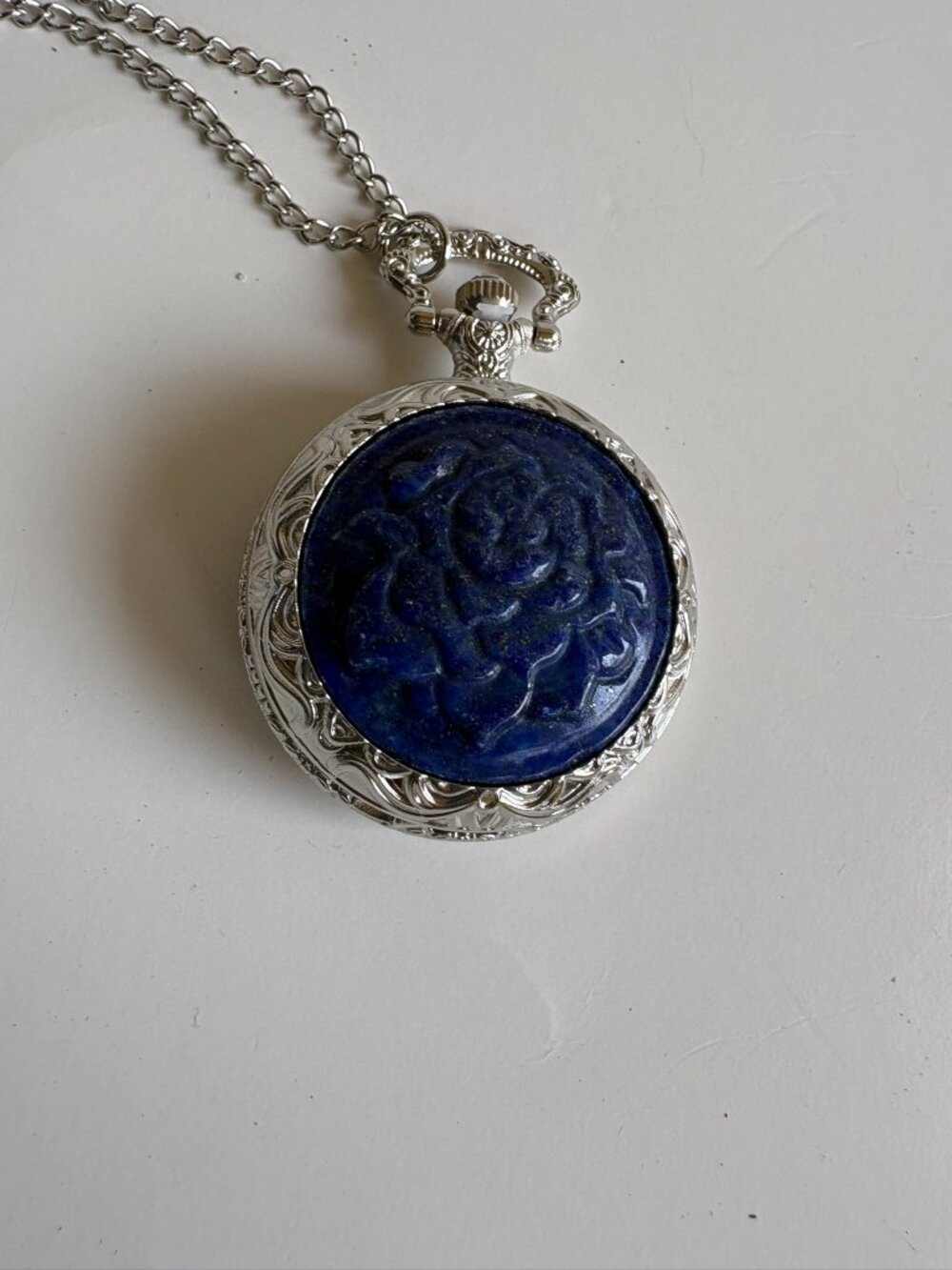 Strada Pocket watch necklace vintage-style w/blue rose silver-tone NEW IN BOX